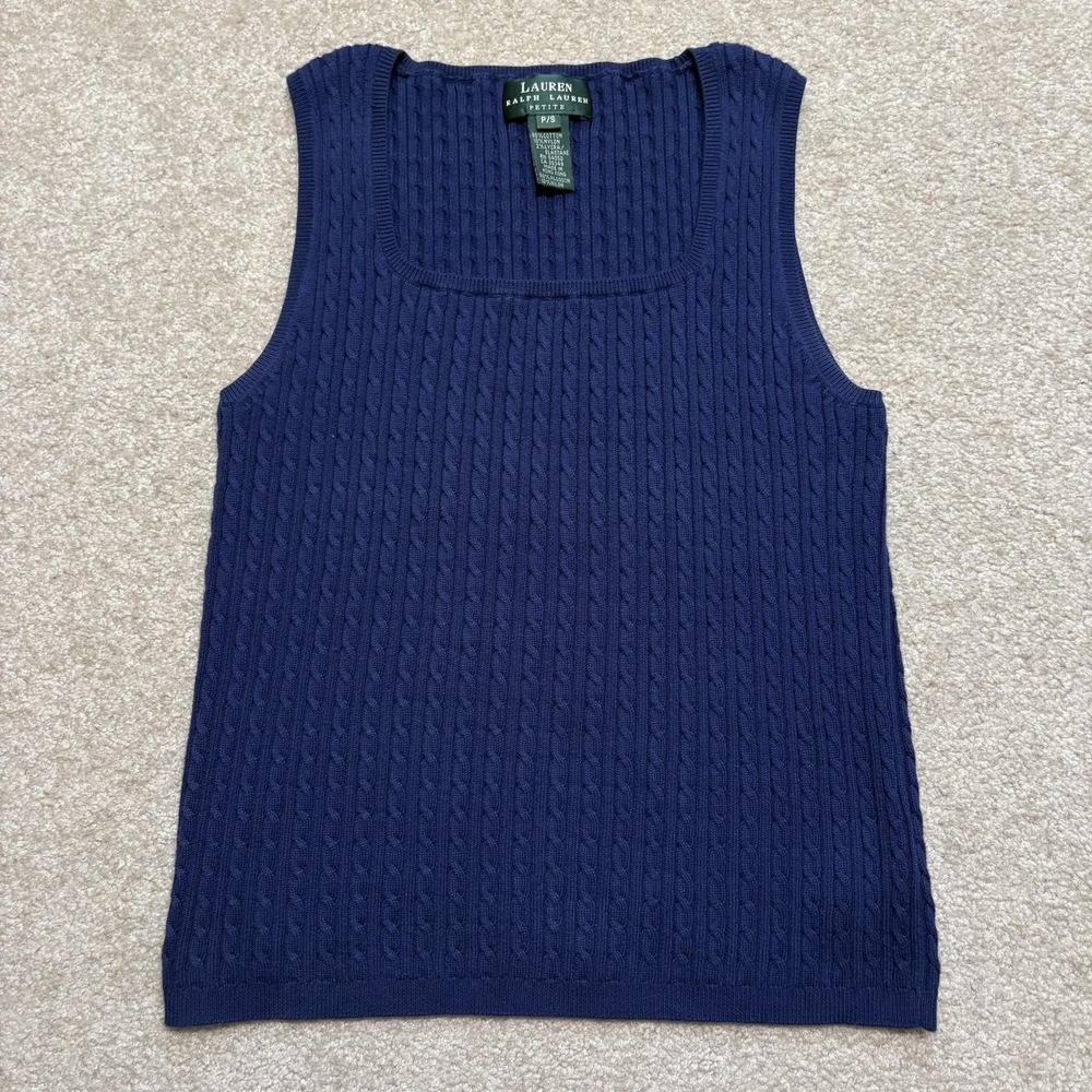 Lauren Ralph‎ Lauren Sweater Vest Womens Petite Small Blue Cable Knit Preppy